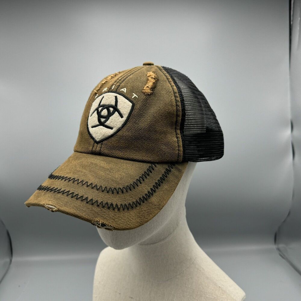 Distressed Ariat Brown Black Baseball Truckers Mesh Hat Adjustable Strap Western